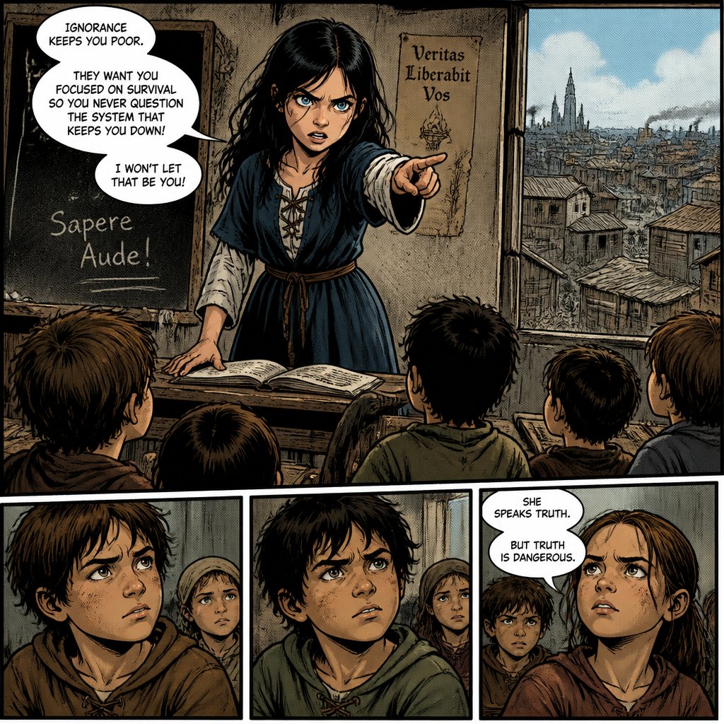 A slim beautiful angry girl with black hair and startling blue eyes is lecturing a class of children her own age. they are all very poor wearing children’s style renaissance robes the classroom overlooks a slum and is dirty. mid afternoon.