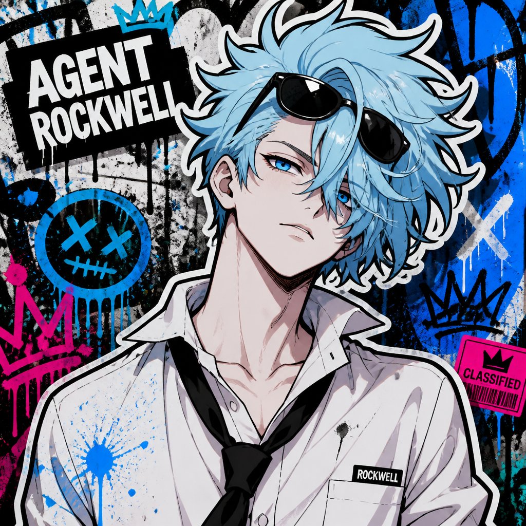 Anime Agent Rockwell very poof up messy hair half side longer and drooped down hair is a light blue skin color white,very bright blue eyes,wears a suit tie is loose,he doesn't wear his jacket his collar to his shirt is uneven sunglasses on his head He's know for his mischievous and reckless behavior but takes missions very seriously is one of the best agents they have Ren is Rockwell's partner is very serious and organized opposite of Rockwell, get very annoyed at Rockwell's behavior they tend to argue with each other but Rockwell is more of having fun