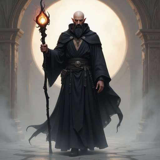 A elf in his early forties who bald headed with a black beard and has chaos abilities and wear black