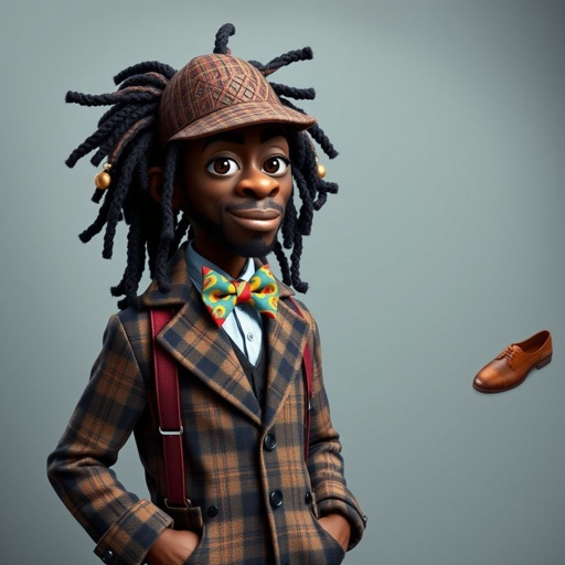 Create a funny character similar to Sherlock Holmes, but make him of black decent and with dread locks. Show his whole outfit including his shoes.