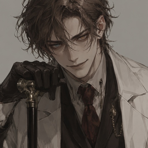 Male,young scientists,lots of bushy messy brown hair part sticking up on the sides is also drooping down in the middle of his forehead linger strands of hair over his ears,  heterochromia eyes,facial shad,evil smirk,has a cane