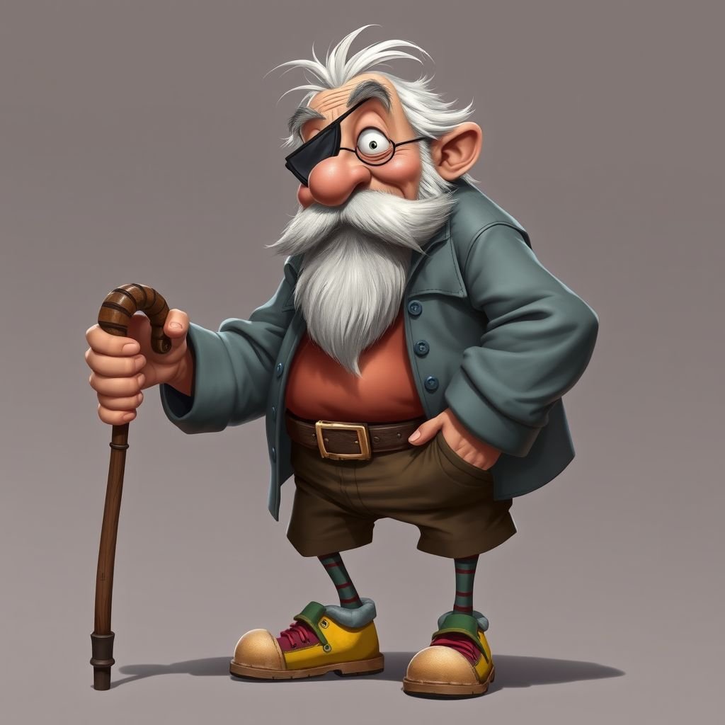 Create a grouchy funny old character who has 1 eye patched. Make him fat with a cane. Show his whole character head to toe including shoes 