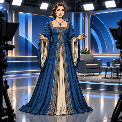 a cartoon of a woman in a blue dress