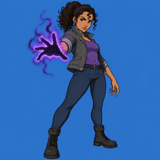Female, tan skin, brown eyes, pointy nose, curly ponytail, curl in the middle of her forehead, grey jacket rolled up sleeves, jeans, boots, purple shirt, death touch