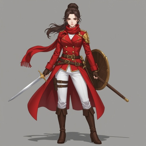 Female rogue Knight, human, scarf, red double-breasted great coat, gold buttons, white pants, brown boots, belts, medium skin tone, dark brown hair pinned up, rapier, shield