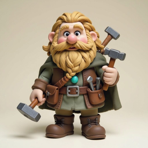 Create a stocky dwarf with a weathered face, braided beard tucked into his belt, and straw-tousled hair. Wears a soot-stained cloak over a leather smith’s vest, tool belt with hammer and chisels, heavy boots. Subtle turquoise rune glow from a pebble at his neck,