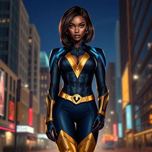 African American female superhero with hair  in a shoulder length side part hairstyle with pure Gold Glowing eyes wearing  a black blue and gold accented suit with navy blue pants and gold knee length boots with a V with the top half gold and the bottom half black as her chest emblem in Philadelphia 