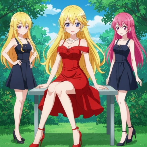 She has blonde hair and purple eyes and a red dress and black high heels and pearl earrings 