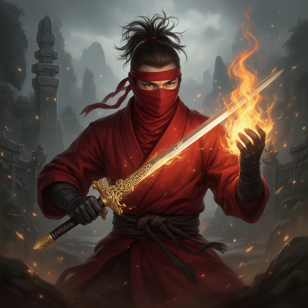 Ninja wearing red clothing, scar over left eye with medium length tousled top haircut, holding a golden sword in one hand and a flame in the other