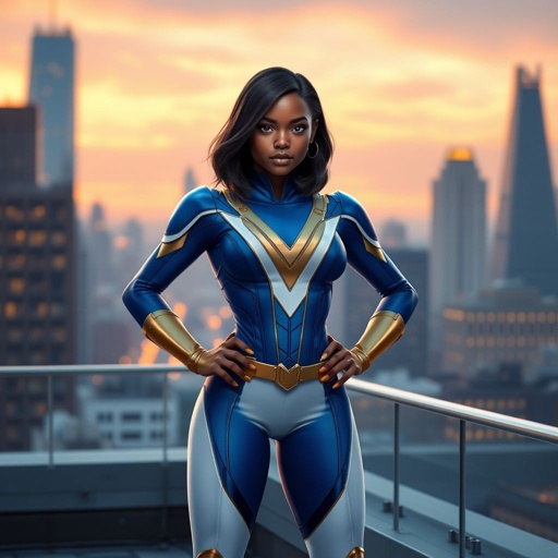 A young African American female superhero with shoulder length hair in a side part style wearing a blue and white suit made of spandex like material that’s slightly armored with gold accents with white pants and gold boots with a stylized V as her chest emblem standing ona roof in a Philadelphia at dawn