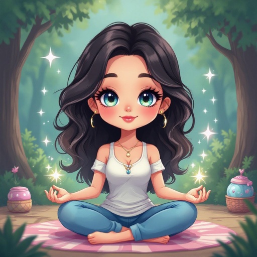 Create a chibi character mid 30’s lady who is the meditating 