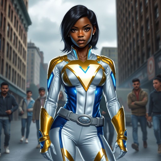 A teenage African American female superhero with hair in a shoulder length side part style wearing a partially leather white and Gold suit with blue accents and a stylized V as her chest emblem a utility belt and silver boots standing in Philadelphia during a cloudy day