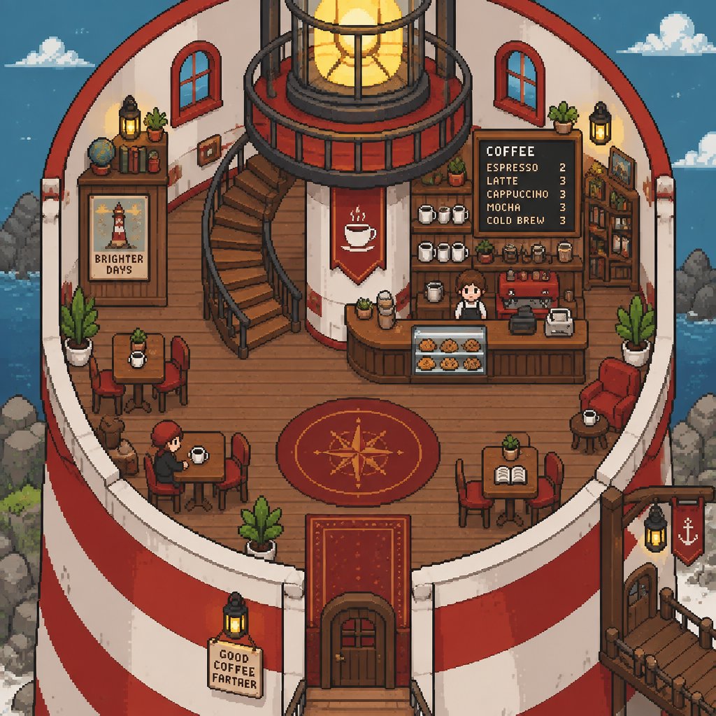 Coffee shop made from a lighthouse for a fantasy game set in modern times, top-down style
