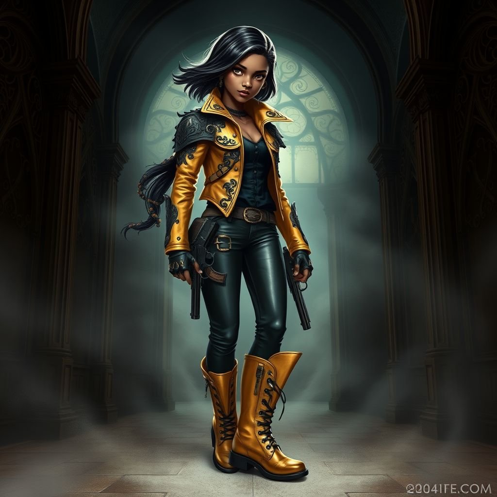A teenage African American female with shoulder length hair  in a side part style wearing an armored gold leather jacket with black accents black leather pants and gold boots with a gun belt and two guns on her hips