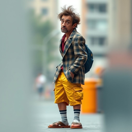 Create a funny looking paranoid man in the world, with a not so stylish outfit head to toe