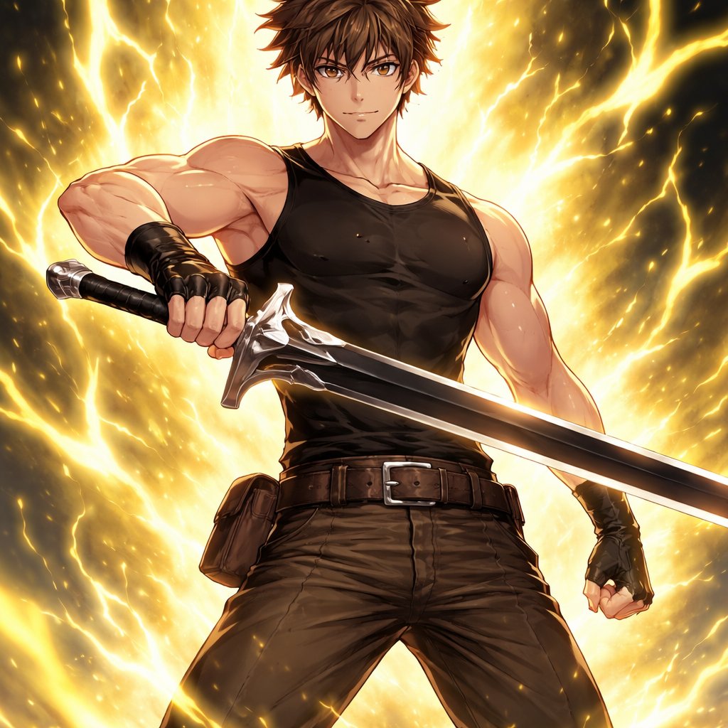 Adolescent, 6ft, slightly bulky with refined muscles, a slightly yellow and transparent aura, basic medieval pants with a tight black sleeveless shirt, a silver handle with a black blade that has a simple silver design