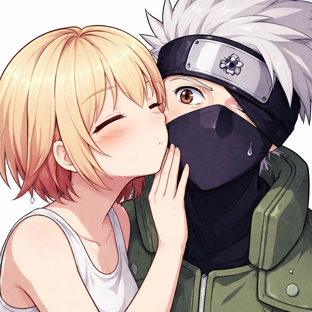 Girl with short blond and red tint kissing the copy cat ninja kakashi