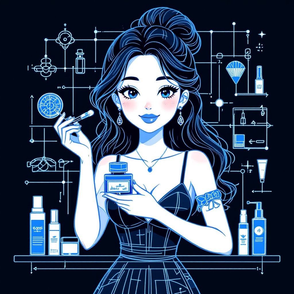 Create a character showing there whole body head to toe, a lady who loves beauty products  