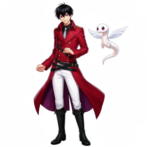 human man, black short hair, Fuchsia purple eyes, white pants, black boots, red double breasted greatcoat, gold buttons, black belts, sly smile,
tiny friendly white winged snake flying next to him