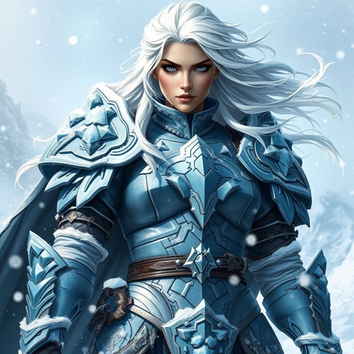 Alvara the Frostheart – A tall, battle-hardened woman. Show her head to toe.