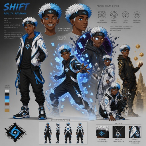 Male superhero with reality shifting, African American, teenager, headband, white hair blue tips, heterochromia, braces, multiple of the same character 