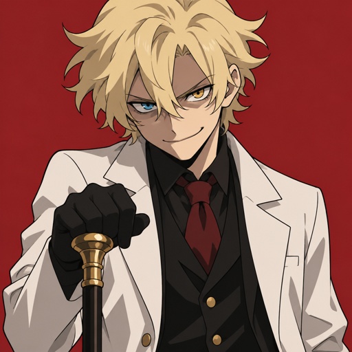 Male,young scientists, lots of bushy messy blonde hair really sticking up on the sides is also drooping down in the middle of his forehead linger strands of hair over his ears, heterochromia eyes, facial shad, evil smirk, has a cane