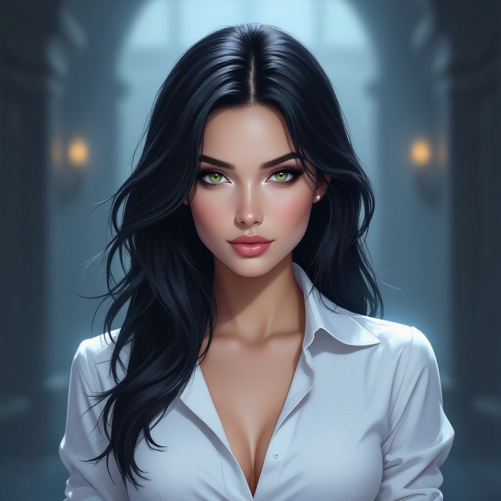 Show character head to toe. Create hero woman jet-black hair is cut sharpand her eyes seem to pierce through darkness. A shadowy aura clings to her form,