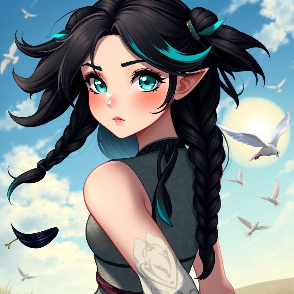 A young female with fair skin and vibrant teal eyes. Black hair with cyan tips in the form of two short braids. Wearing a goddess two-piece outfit (top and trousers) sitting on a hill watching pigeons fly from a very far distance