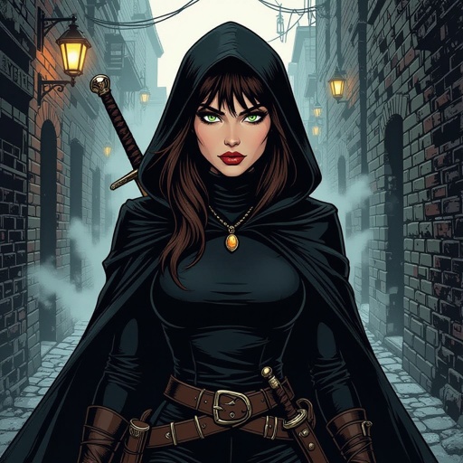 
A woman with long brown hair and light green eyes. She has bangs that cover one eye, an emo-style fringe that covers the entire eye. She has a chubby, round face. Pale skin. Delicate beauty. Thin lips. She is dressed in black pants and a black turtleneck. She wears a belt with a dagger. A long sword hangs on her back. In her hand, she holds a short sword. She wears a black cape and a large hood over her head. Around her neck, she wears a necklace with a shimmering amber. The woman looks menacing. A dark alley, a dark atmosphere. A few lights. Fog. Dark.

Breasts covered. Dark. Fog. Black.