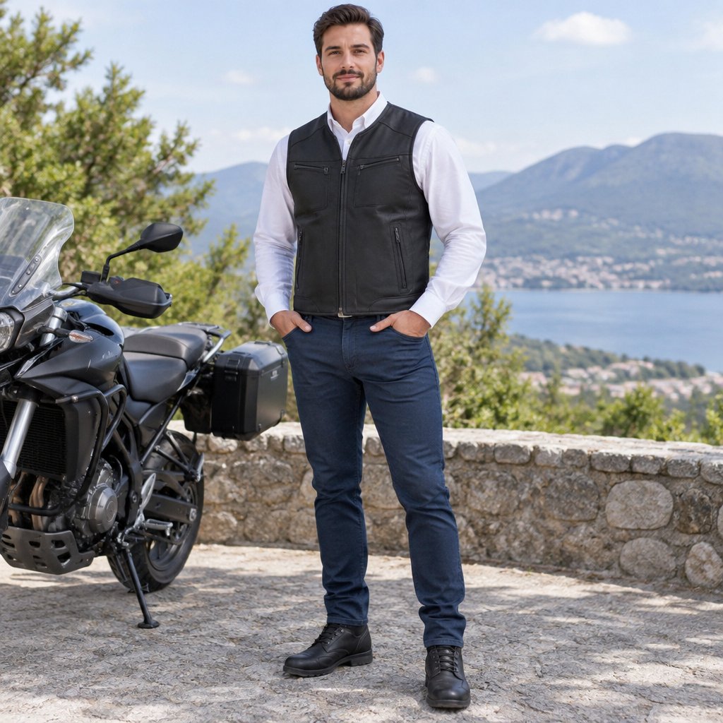 Male Men White Long Sleeve Shirt Black Rider Vest Blue Pants Black Shoes