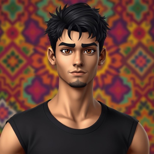 Sims 4 male gypsy, brown eyes, short messy black hair, little to no facial hair, wearing a plain black t-shirt, athletic body type