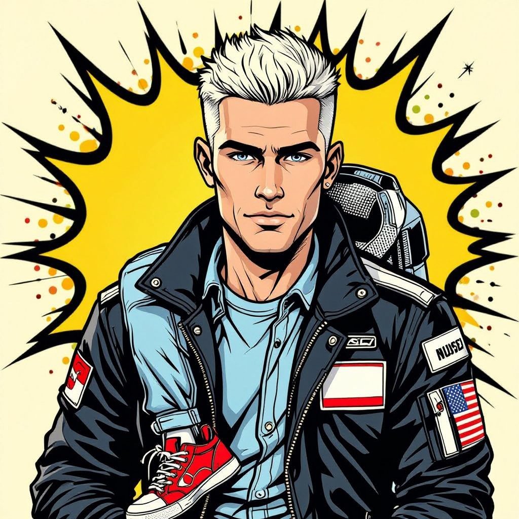 man with Platinum Blonde Buzzcut Hair.  Astronaut Flight Jacket Black And White Polo and Light blue denim jeans with red sneakers
