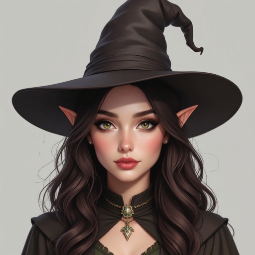 Dark Brown Hair Elf Witch Librarian in Witches Hat 