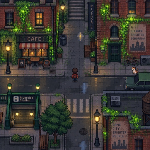  sparkling moss on old buildings for a fantasy game set in modern times, top down style