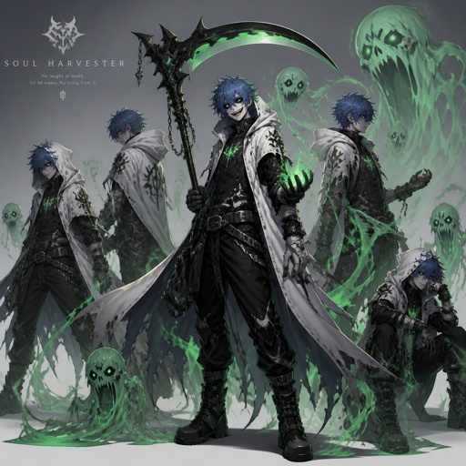 Male superhero with the ability control green spirits, crazy, blue hair, cool outfit, white cape with hood, black eyes, scythe, multiple of the same character 