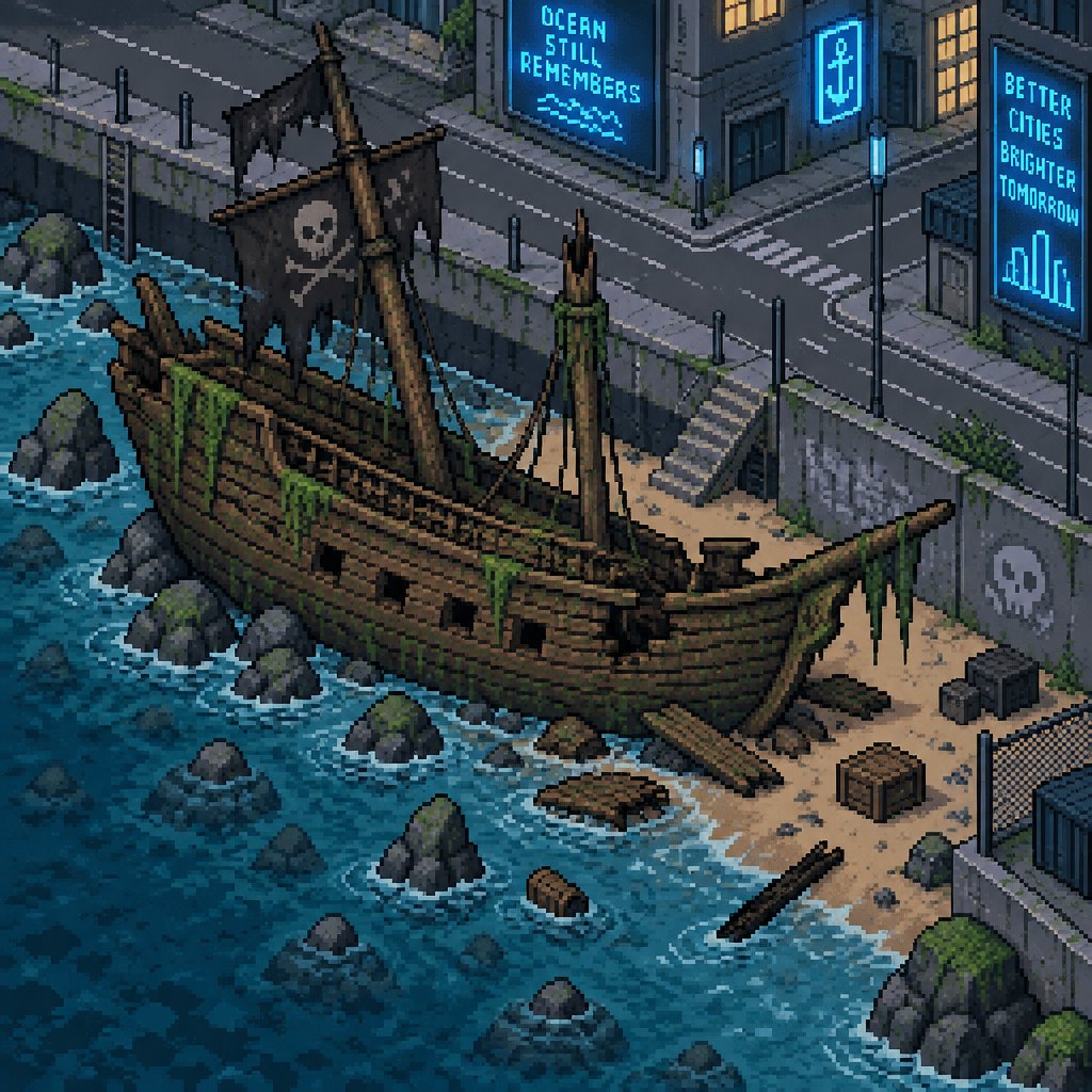 Abandoned pirate ship for a fantasy game set in modern times, top-down style, side view