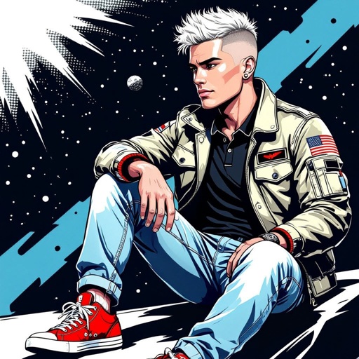 man with Platinum Blonde Buzzcut Hair.  Astronaut Flight Jacket Black And White Polo and Light blue denim jeans with red sneakers