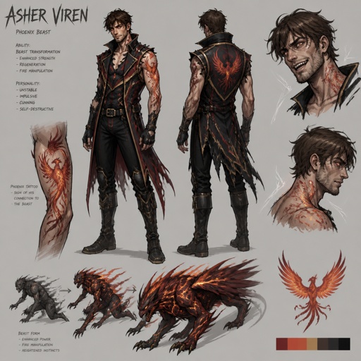 Male superhero with the ability to transform into a beast, cool costume, thin, phoenix tattoo on arm, stubble, brown hair, unstable