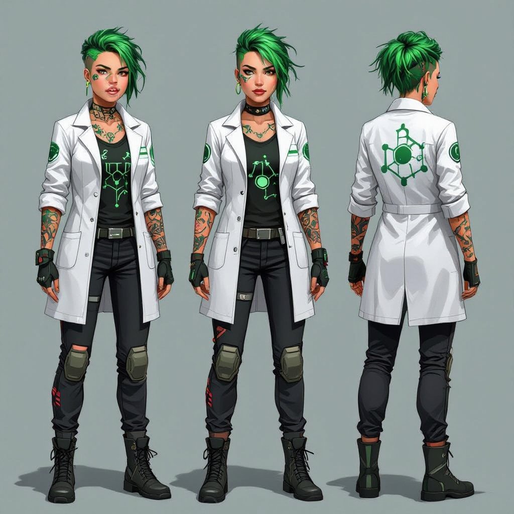 She is a woman that lives in the biotechnology faction of a RPG world. She’s 24 years old, is a scientist that uses herself as testing, had biochemistry tattoos and greenish hair. Her style has traces of punk. Make 3 full body designs of her