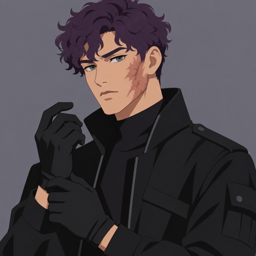 Male, short curly purple hair, burn scar on right cheek, grey eyes, black jacket, gloves