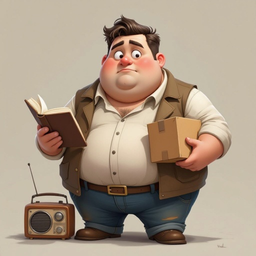 Create a funny fat guy who looks high is has a book box radio 
