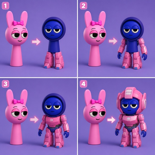 Pinki from Sprunki as Elita One merging her legs onto Jevin from Sprunki and then her arms and then her Body and lastly her head and helmet