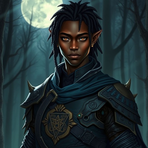 A 19 year old half human and half elf black man with short dreads wearing black and blue and brown eyes