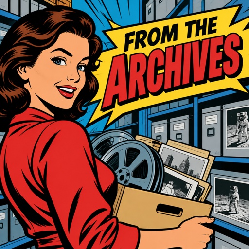 In the design of a contemporary TV promo, no speech bubbles, bright vivid colors. The sign says: FROM THE ARCHIVES