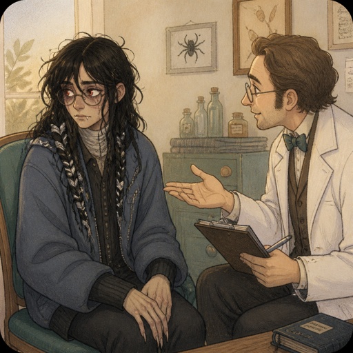 Anime white and Asian male,name is Lloyd,hair messy long braided black hair with white stripes,clean shaven,highly skilled,in late 20s,migraines,sarcastic,red glowing eyes,one eye is severely damaged,serious face,been unwillingly experiment on for many years until finally found and rescued ,has power of a spider and control spiders make traps poison and crawl on walls and ceiling dangerous,glasses,wears a loose jacket a nice fully covered shirt ,loves spiders, nice big earrings,a tattoos on left that means arachnid and on right arm a tattoo that says sub 389,doesn't remember anything from his past except the experiments, long scary fingers, spider fangs, traumatized,special agency is keeping an eye on him. Lloyd and a scientist having a conversation, scientist “do you know where you originally lived or any relatives” Lloyd “no… but why does that matter know? Who cares I don’t,there’s no point, I wouldn’t be recognized by them anyway”scientist”you don’t care to find out who you are?” Lloyd “no…I don’t” scientist “what else do you remember?” Lloyd staring of in the distance with a small look of fear in his eyes says “only the experiments”as a comic