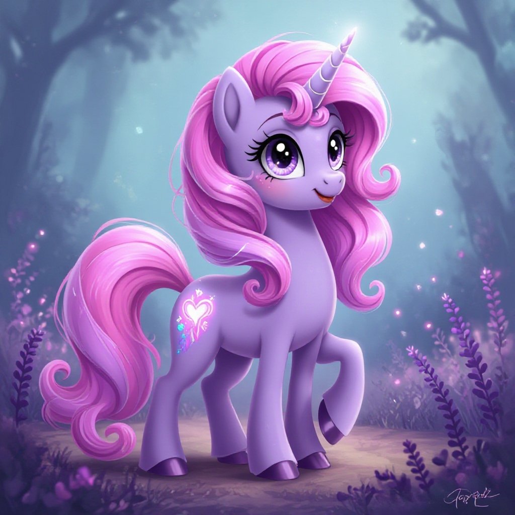 A lavender my Little Pony with a pink mane and tail and a glowing cutie Mark 