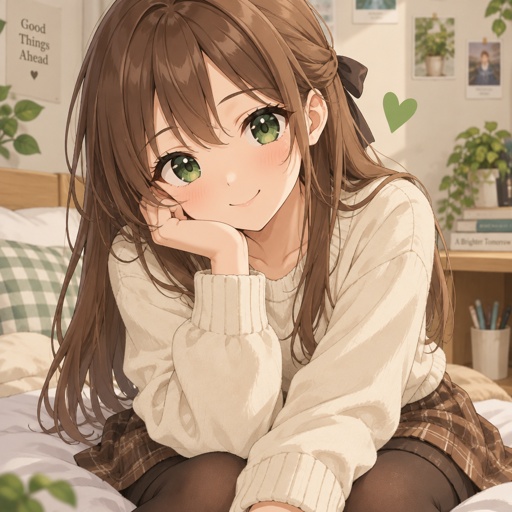 Green Heart , attractive, cream sweater, brown skirt