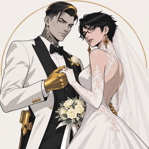 Midas from Fortnite, Bayonetta from super smash bros with short hair, getting married