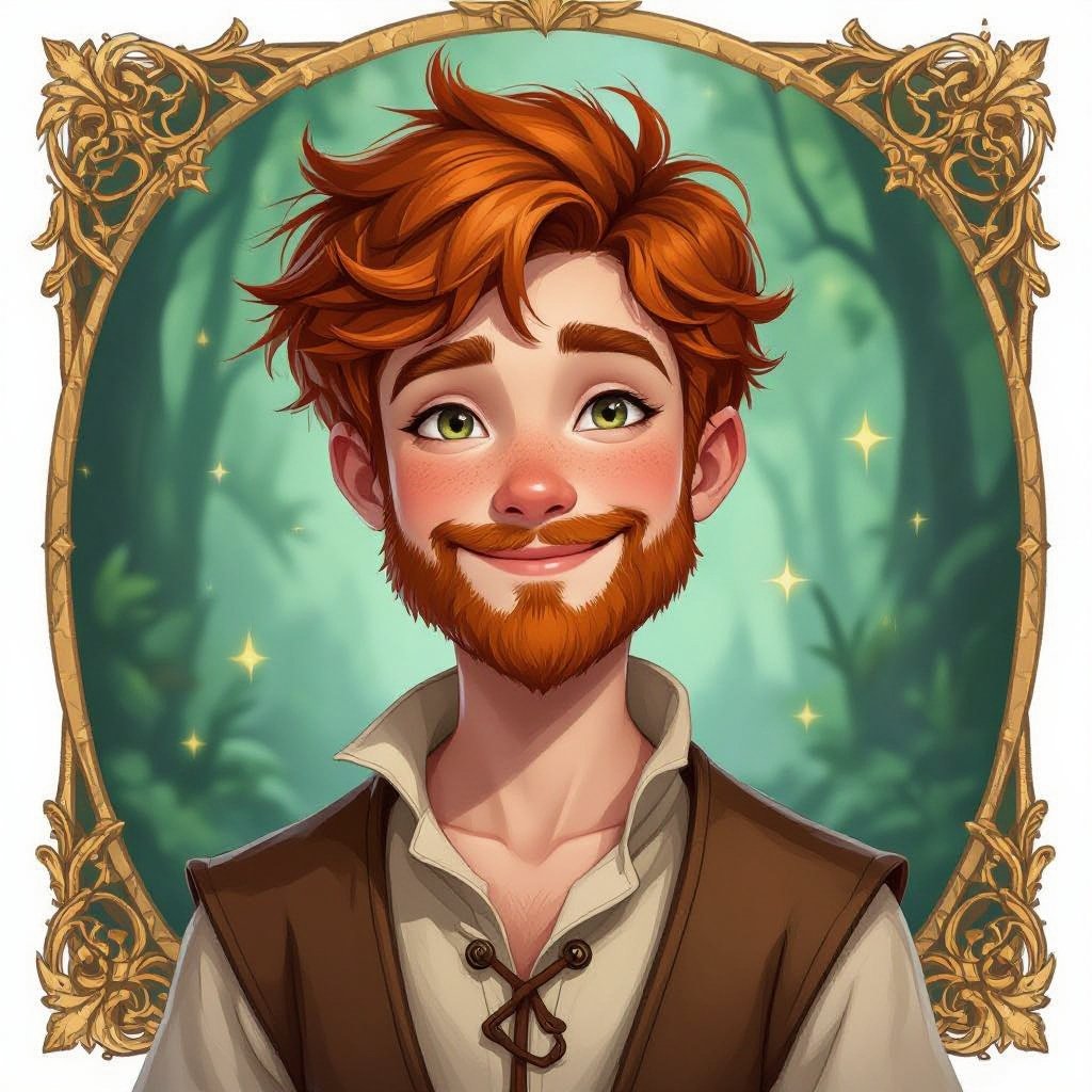 Młody chłopak. Włosy krótkie, rudo brązowe. Rudy zarost na brodzie i wąsy. Lekko przymrużone oczy, że ledwo widać jego jasne oczy. Szeroki uśmiech. Szczupła twarz. Szeroki nos. Wysoki. Szczupły. Ubrany w jasne barwy. Majestatyczny.