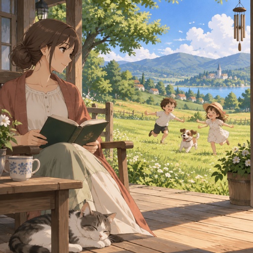 Woman on back porch holding a book looking out at her two children playing in the fields she has a soft smile 